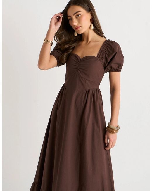 Gini London Brown Gypsy Puff Sleeves Cotton Midaxi Dress