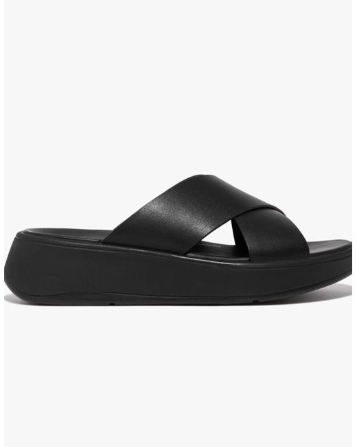 Fitflop Black F-Mode Leather Flatform Cross Slides All