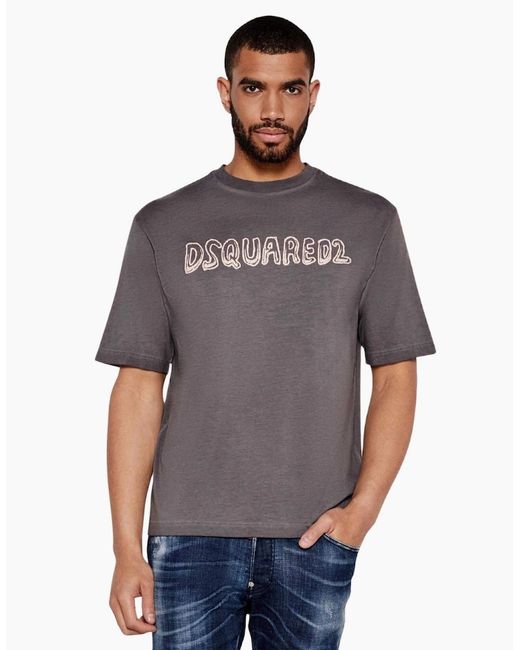 DSquared² Gray Best Fade Loose Fit Cartoon Logo T-Shirt Charcoal for men