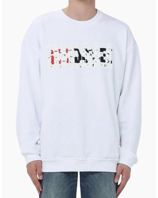 DIESEL White Double Destroyed Logo Sweatshirt for men