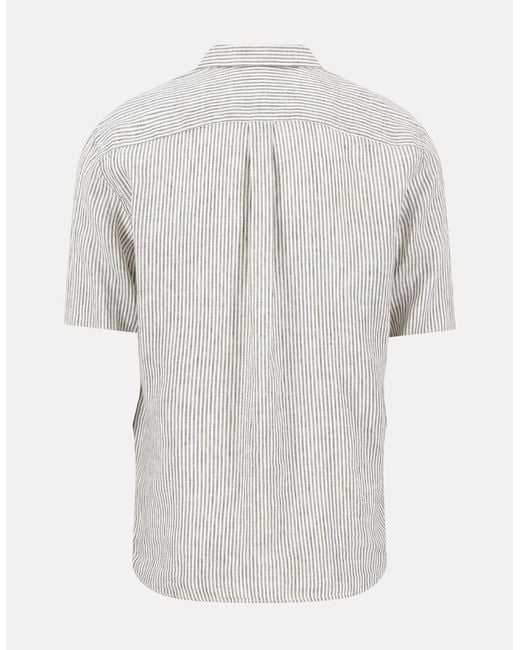 Fynch-Hatton White Bengal Stripe Pure Linen Short Sleeved Shirt Dark Khaki for men