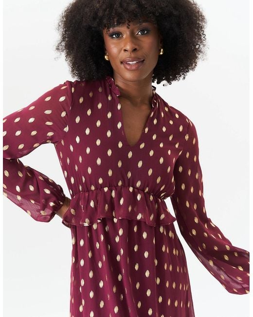 Gini London Purple Burgundy Foil Print Ruffle Midi Dress