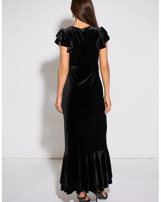 Gini London Black V Neck Ruffle Sleeves Velvet Occasion Maxi Dress