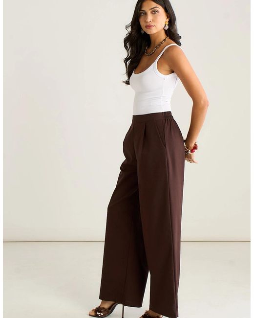 Gini London Brown Cotton And Linen Blend Wide Leg Trouser