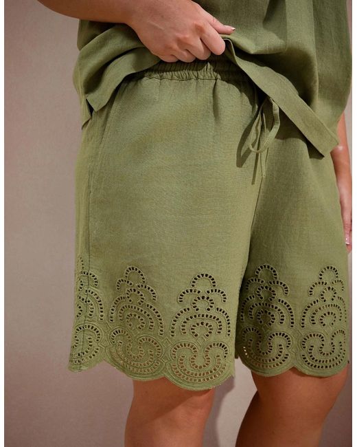 Live Unlimited London Green Linen Blend Broderie Shorts