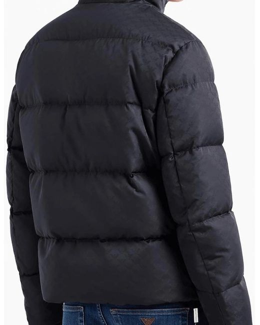 Emporio Armani Blue Quilted Puffer Jacket With All-Over Jacquard Eagle for men