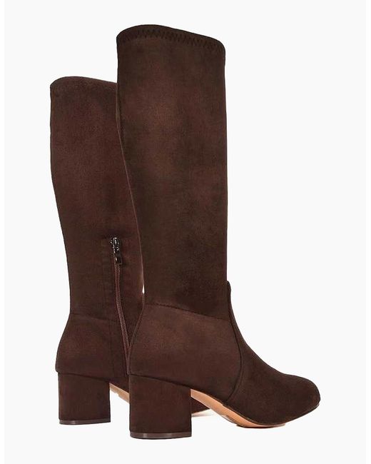 XY London Brown Ladies Masie Knee-High Low Mid Block Heel Boots
