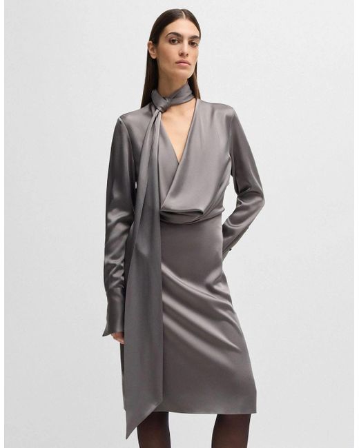 Boss Gray Bascarva Long Sleeve Scarf Neckline Dress
