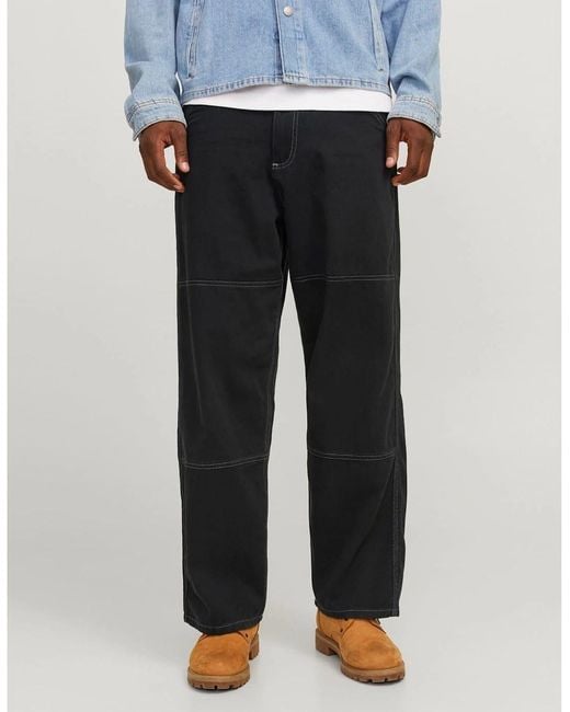 Jack & Jones Black Owen Solid Patterned Wide Leg Pants for men