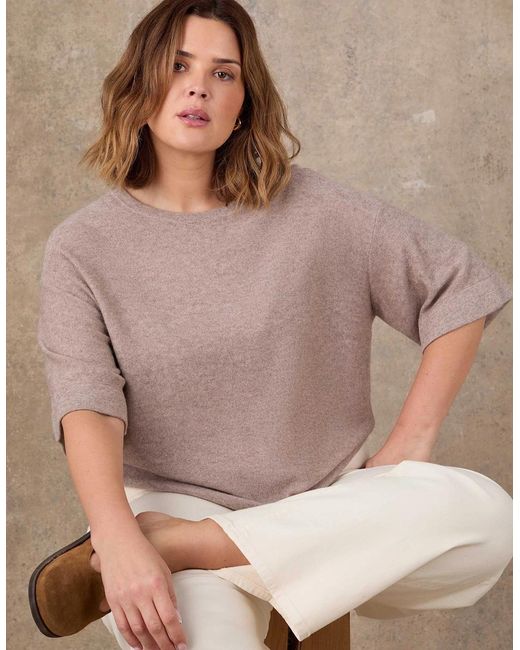 Live Unlimited London Natural Oatmeal Short Sleeve Knitted Jumper With Cashmere
