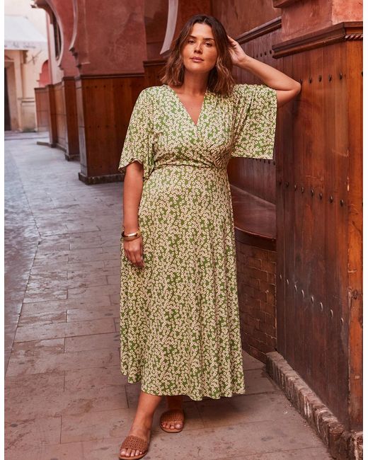 Live Unlimited London Brown Ditsy Jersey Angel Sleeve Wrap Dress