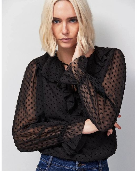 Ro&zo Black Dobby Ruffle Front Blouse