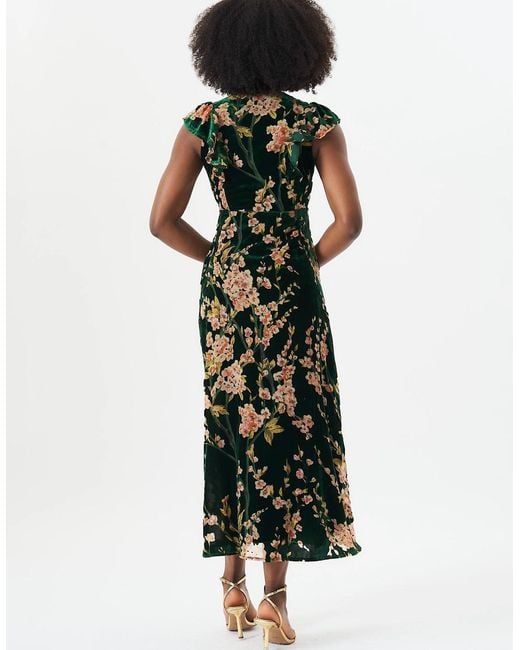 Gini London Green Floral Devore Ruffle V Neck Midaxi Dress