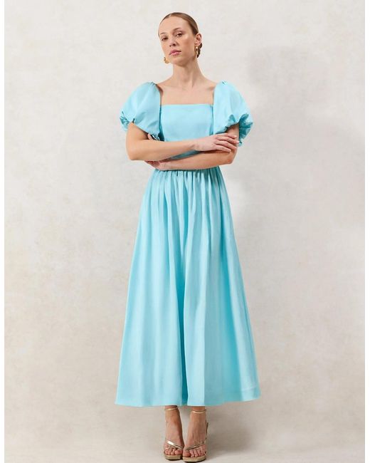 Ro&zo Blue Alba Bardot Puff Sleeve Maxi Dress