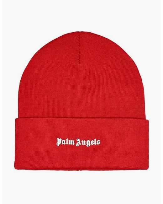 Palm Angels Red Logo Printed Beanie for men