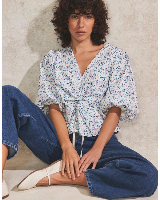 Ro&zo Blue Ivory Ditsy-Print Twist-Front Blouse