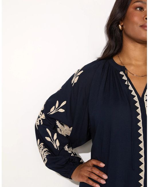 Live Unlimited London Blue Embroidered Sleeve Tie Neck Dress