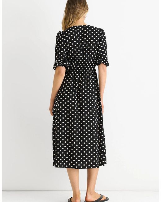 Gini London Black Spot Print Shirred Waist Shift Midi Dress