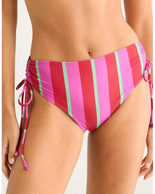 Gini London Red Multi Colour Stripe Tie Ruched Bikini Bottom