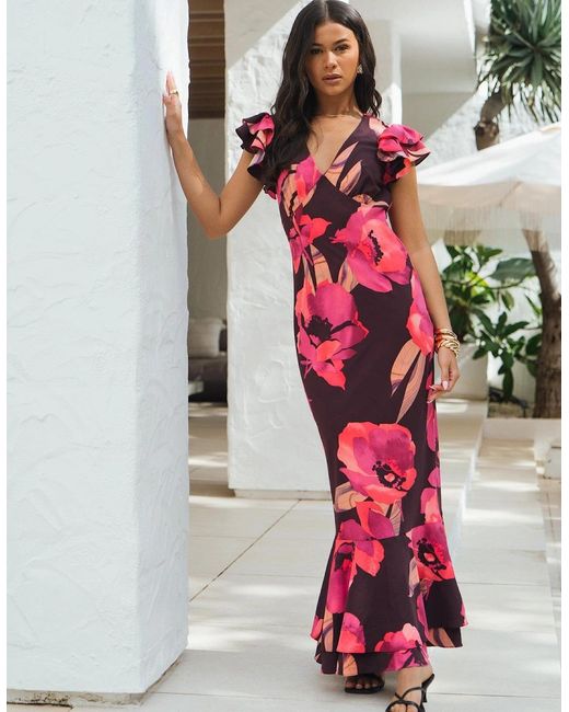 Gini London Multicolor Ruffle Sleeve Floral Maxi Dress