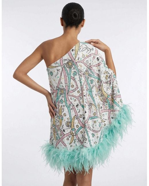 Oceanus Blue Coral One Shoulder Multi Coloured Kaftan
