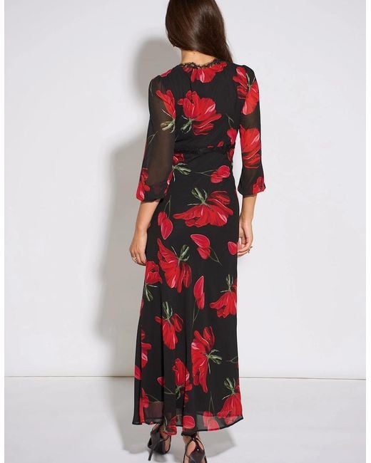 Gini London Red Base Bloom Lace Trim Midi Dress