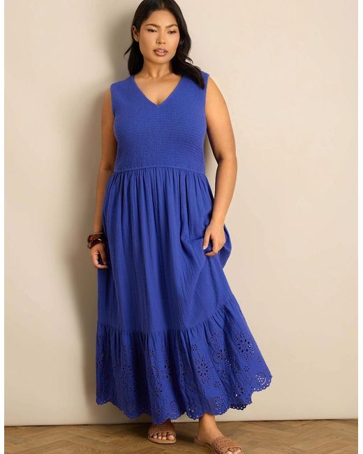 Live Unlimited London Blue Cheesecloth Shirred Bodice Broderie Hem Maxi Dress
