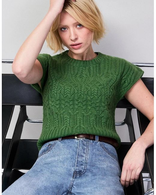 Ro&zo Green Cable Knit Wool Cap Sleeve Jumper