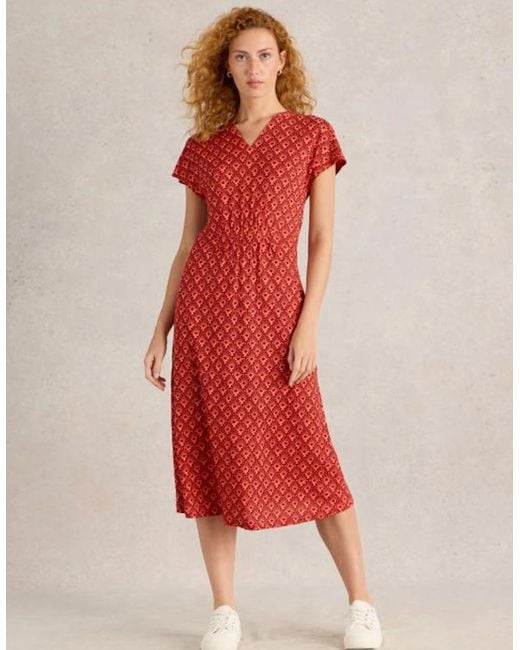 White Stuff Red Ellie Linen Jersey Dress Regular Multi