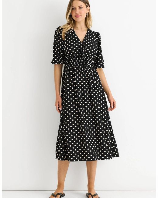 Gini London Black Spot Print Shirred Waist Shift Midi Dress