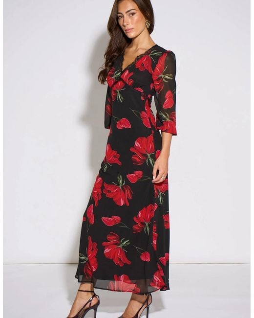 Gini London Red Base Bloom Lace Trim Midi Dress