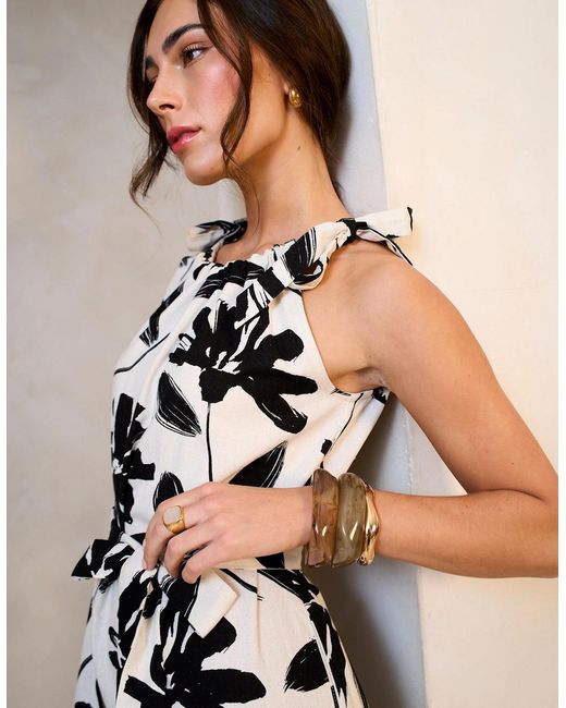 Gini London White Mono Floral Print Tie-Shoulder Belted Trapeze Dress