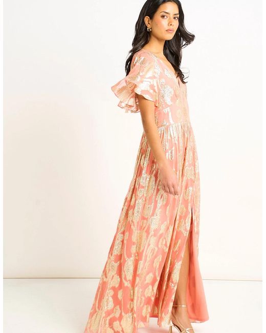 Gini London Multicolor Metallic Jacquard Flutter Sleeves Floral Maxi Dress