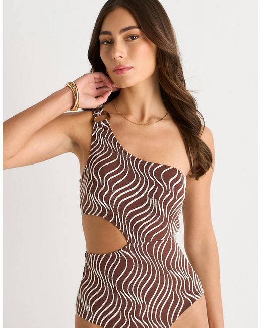 Gini London Brown Wave Print One-Shoulder Cutout Swimsuit