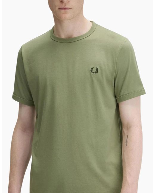 Fred Perry Green T Shirt Ringer Crew Neck Short Sleeve Summer Tee for men