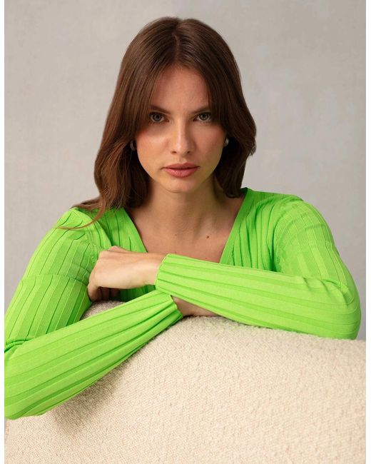 Ro&zo Green Lime Wide Rib Knit V-Neck Maxi Dress