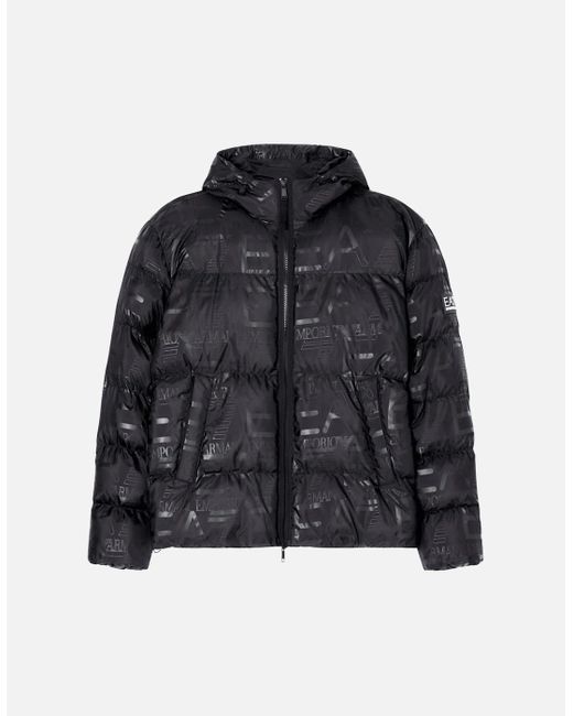 EA7 Black All-Over Logo Puffer Jacket for men