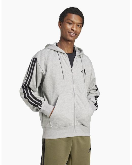 Adidas Gray Fleece 3 Stripes Full Zip Hoodie for men