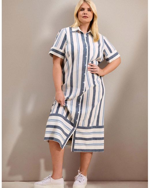 Live Unlimited London Blue Stripe Short Sleeve Linen Blend Shirt Dress