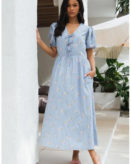 Gini London Blue Cotton Mix Tie Detail Puff Sleeves Midi Dress