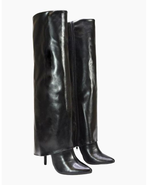 XY London Black Ladies Shauna Fold Over Stiletto Heel Knee-High Boots