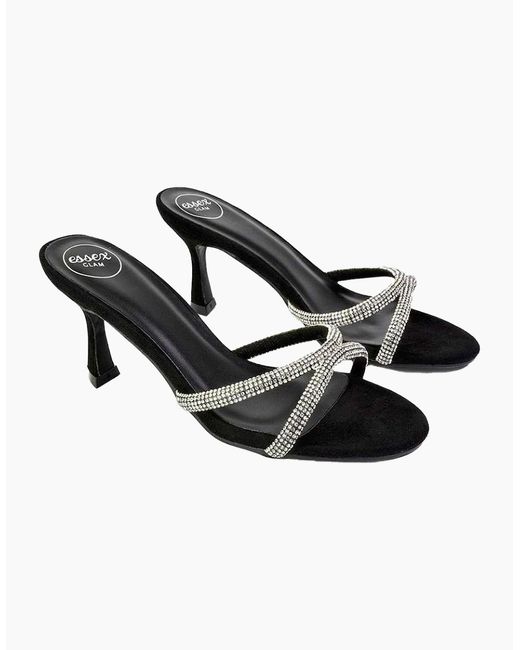 XY London Black Ladies Abby Diamante Strappy Stiletto Heel Mule Sandals