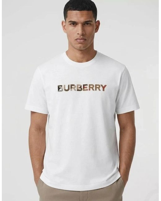 Burberry White Check Logo Embroidered T Shirt for men