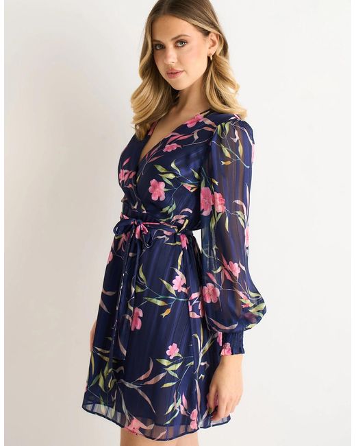 Gini London Blue Floral Print Shimmer Stripe Chiffon Wrap Mini Dress