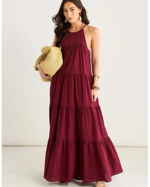 Gini London Mulberry Tiered Halter Maxi Trapeze Dress