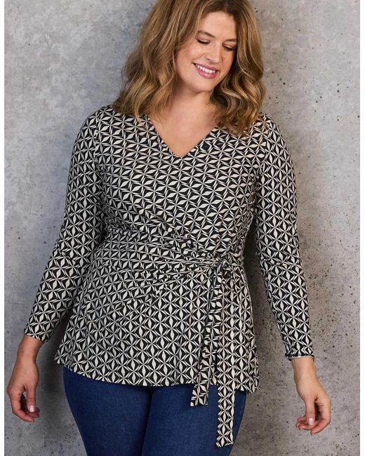 Live Unlimited London Gray Geo Print V-Neck Side Tie Tunic