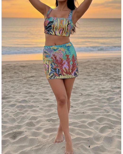 Oceanus Blue Coastal Coral Co-Ord Skirt