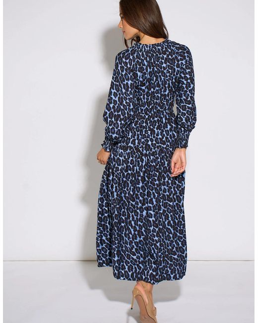 Gini London Blue Animal Print Shirred High Neck Maxi Dress