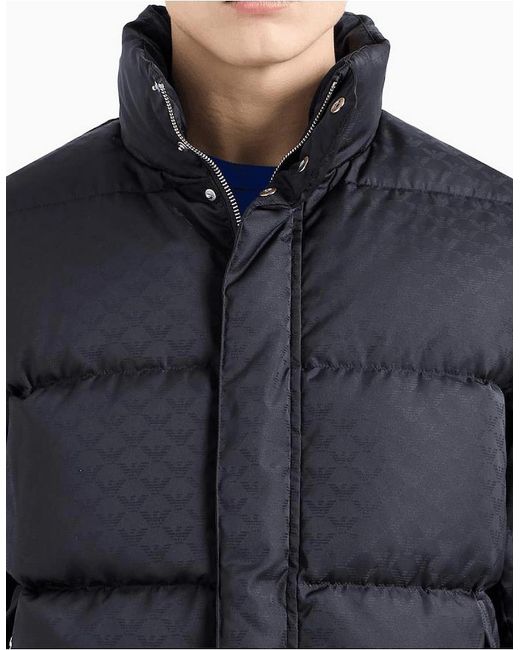 Emporio Armani Blue Quilted Puffer Jacket With All-Over Jacquard Eagle for men