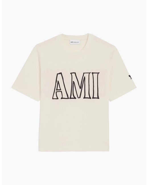 AMI Natural Relaxed Fit Cream Graphic T-Shirt With Bold Text for men